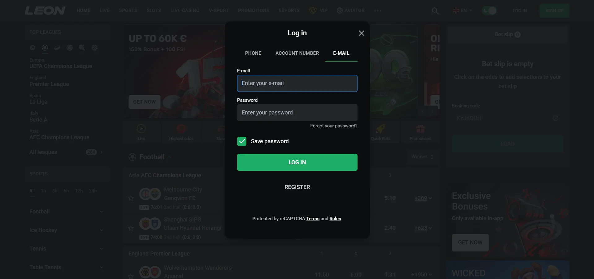 Leon Casino page de connexion